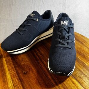 Michael Kors Felix Trainer Navy Blue Knit Wedge Sneakers Silver Logo Accent